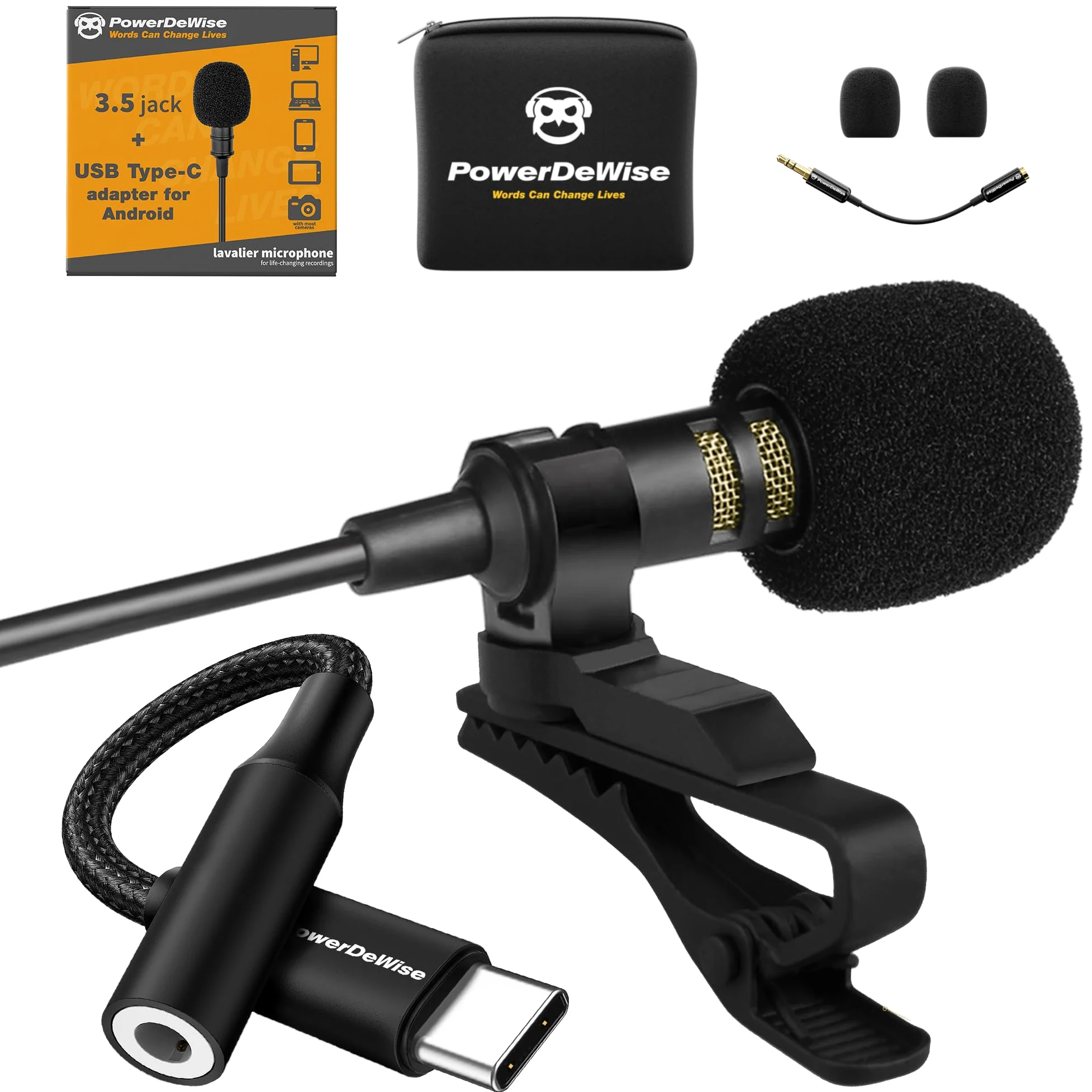 PowerDeWise Micrófono Lavalier Tipo C Mejorado 2024 con Adaptador, micrófono omnidireccional USB C Lav para iPhone 15 Pro, Android, PC, Mac, grabadoras, entrevista de Youtube, vlogging