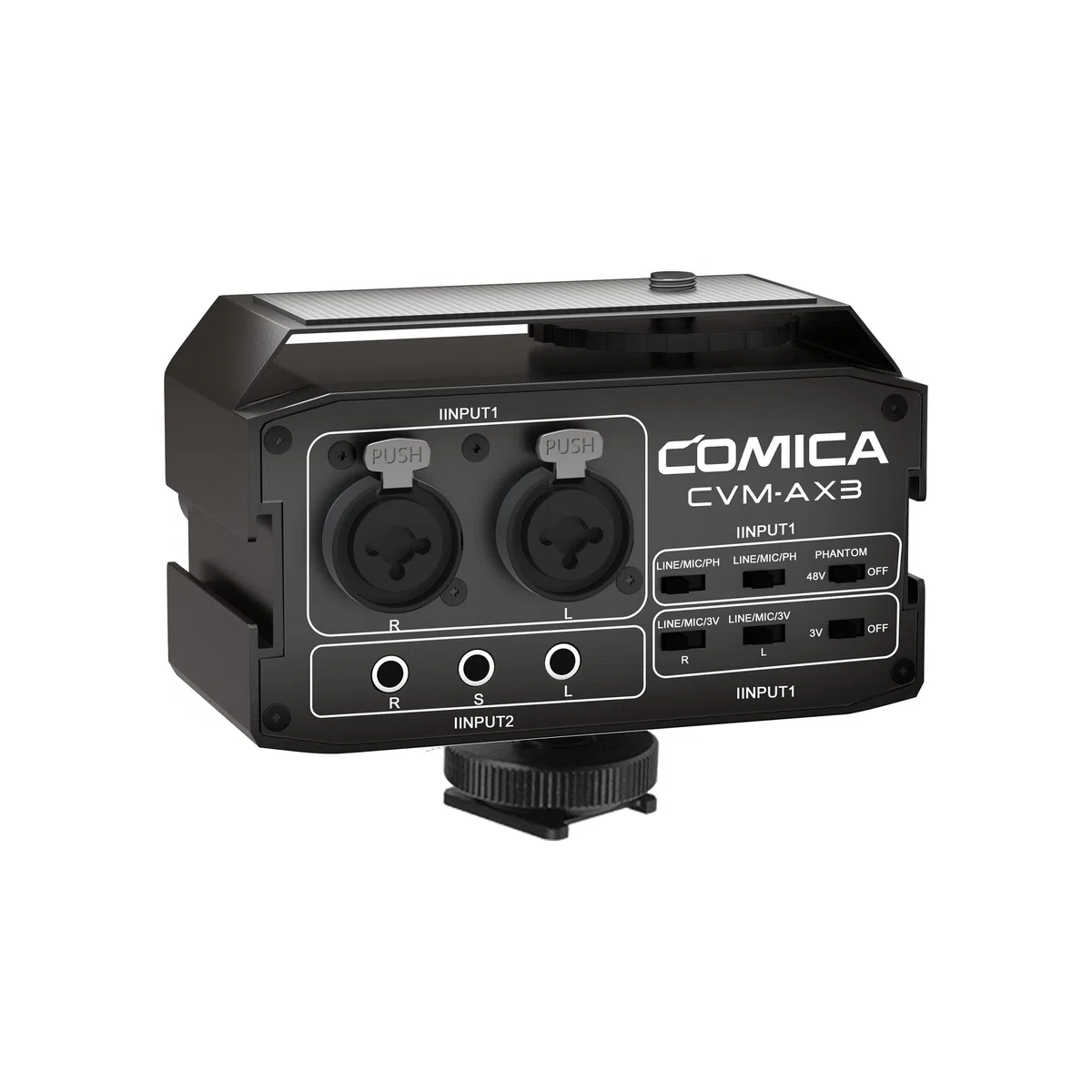 COMICA Mezclador de Audio CVM-AX3 Adaptador de micrófono de cámara de Doble Grupo con Entrada de 3.5 mm/XLR / 6.35 mm, preamplificador para cámara/videocámara Canon Sony DSLR Vlogging de Youtube