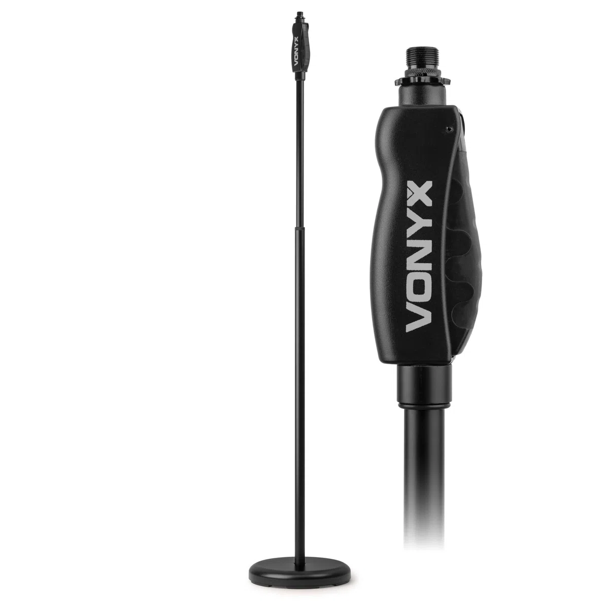 VONYX MS110 Pie de micrófono resistente con adaptadores de 3/8« y 5/8» para uso en estudio y en directo, ajuste de altura con una sola mano, tubo metálico negro y con base de peso estable.