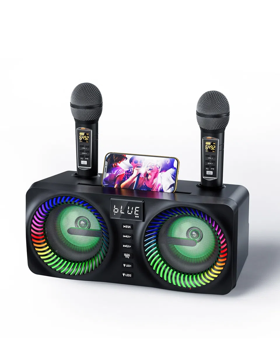 Karaoke, Todo-en-Uno Karaoke 2 Microfonos con Altavoz Bluetooth de 30W y Ranura para Micrófono Recargable, Karaoke Altavoz Completo Bluetooth para Fiestas, Reuniones en el Hogar (Black)