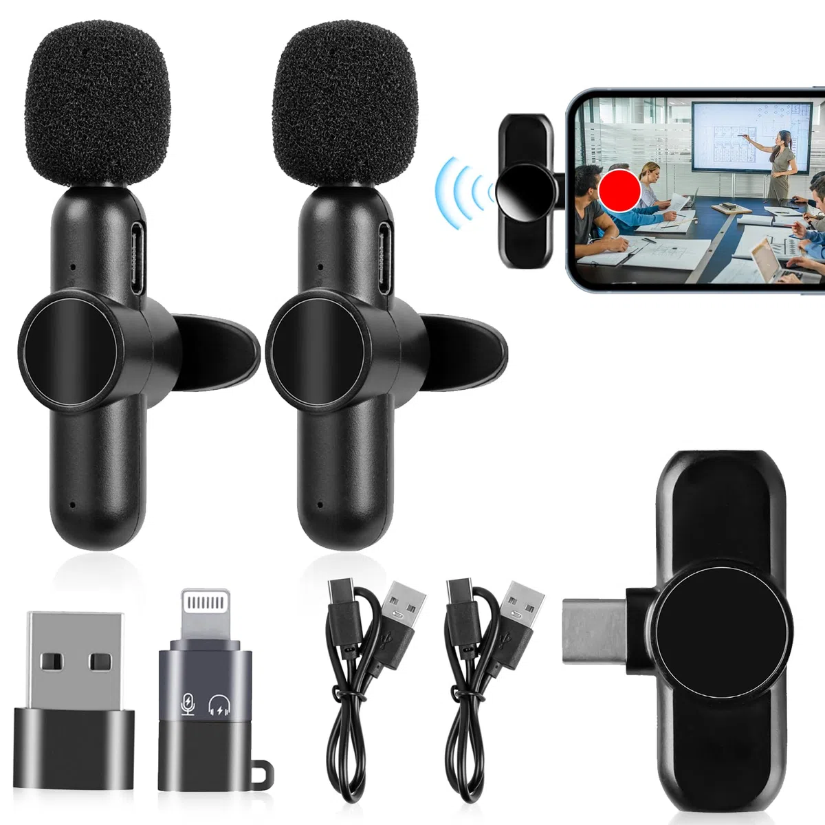 Micrófono Inalámbrico Lavalier para iPhone/Android/PC, 3 en 1 Micrófono Inalámbrico Profesional, Plug & Play, Portátil Micrófono para Grabación de Video, Youtube, TikTok, Vlog, Facebook