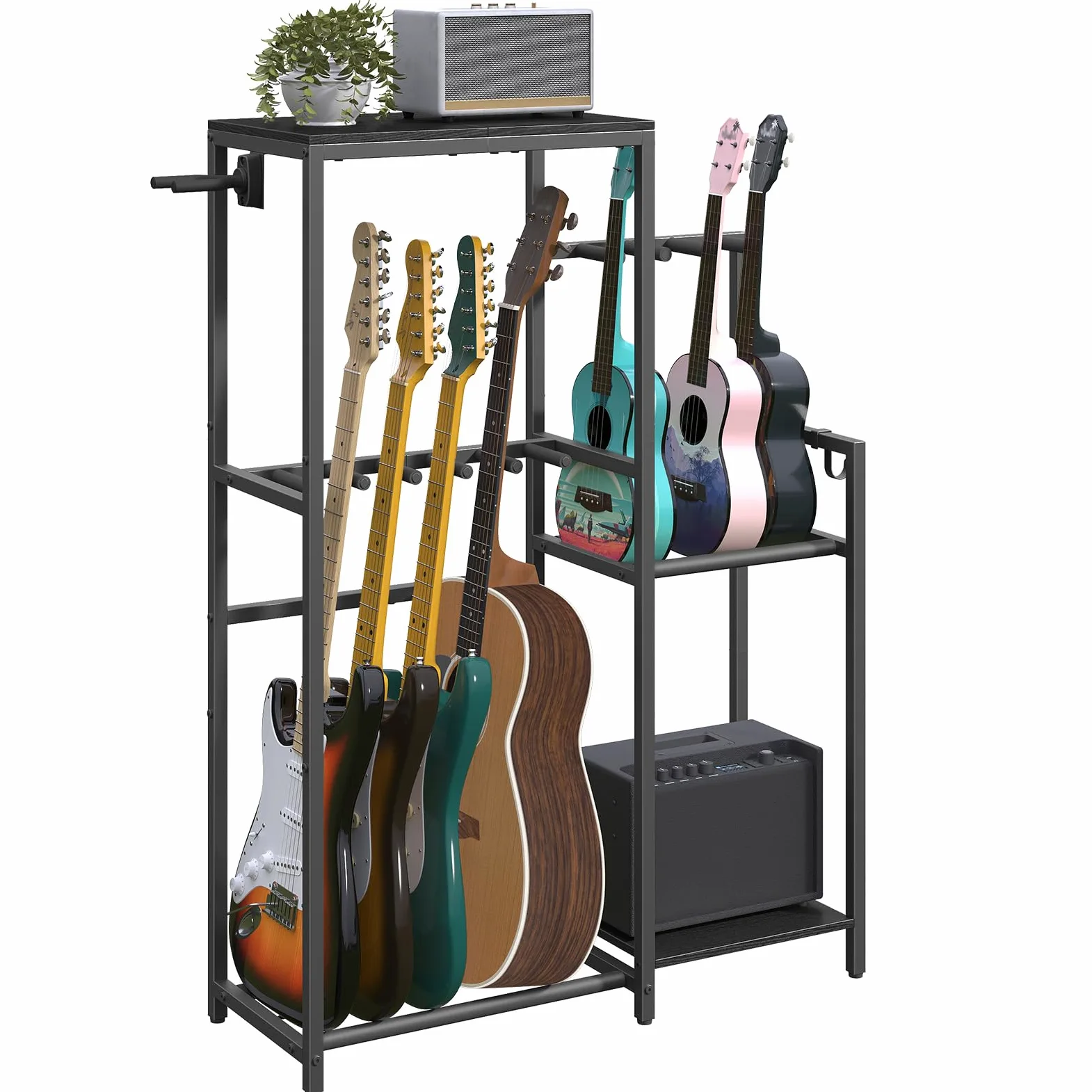 MAHANCRIS Soporte multiguitarra para guitarra, bajo, ukelele, para 5 instrumentos, soporte de amplificador con accesorios