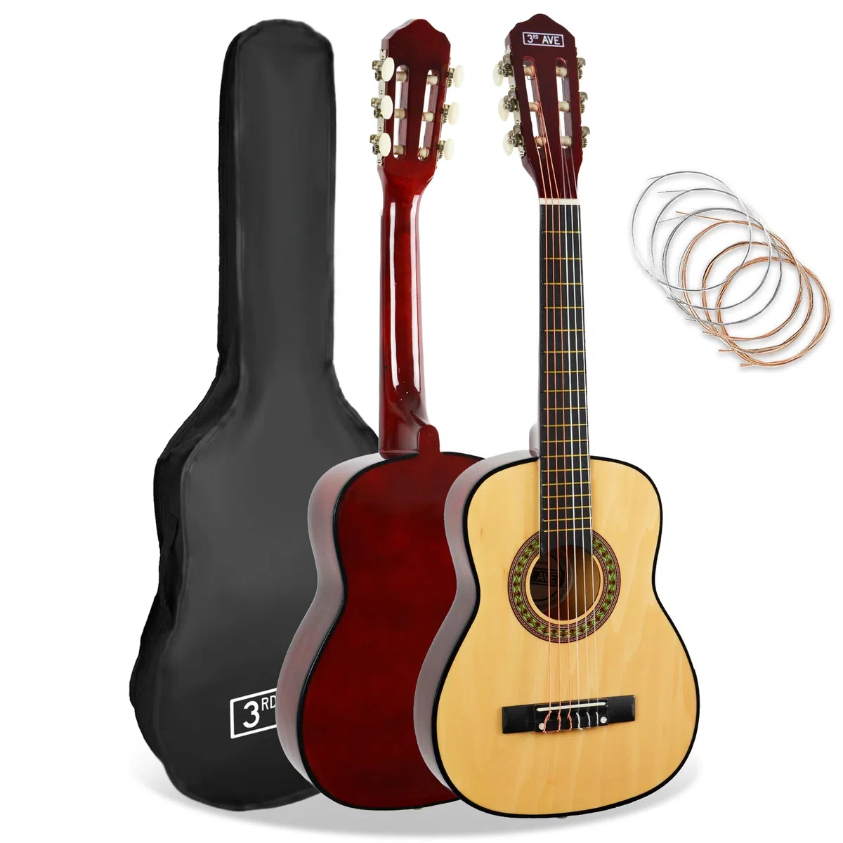 3rd Avenue Paquete Para Principiantes Con Cuerdas De Nailon Español Para Guitarra Clásica Para Niños, Tamaño 1/4, 6 Meses De Lecciones Gratis, Bolsa Y Cuerdas, Natural
