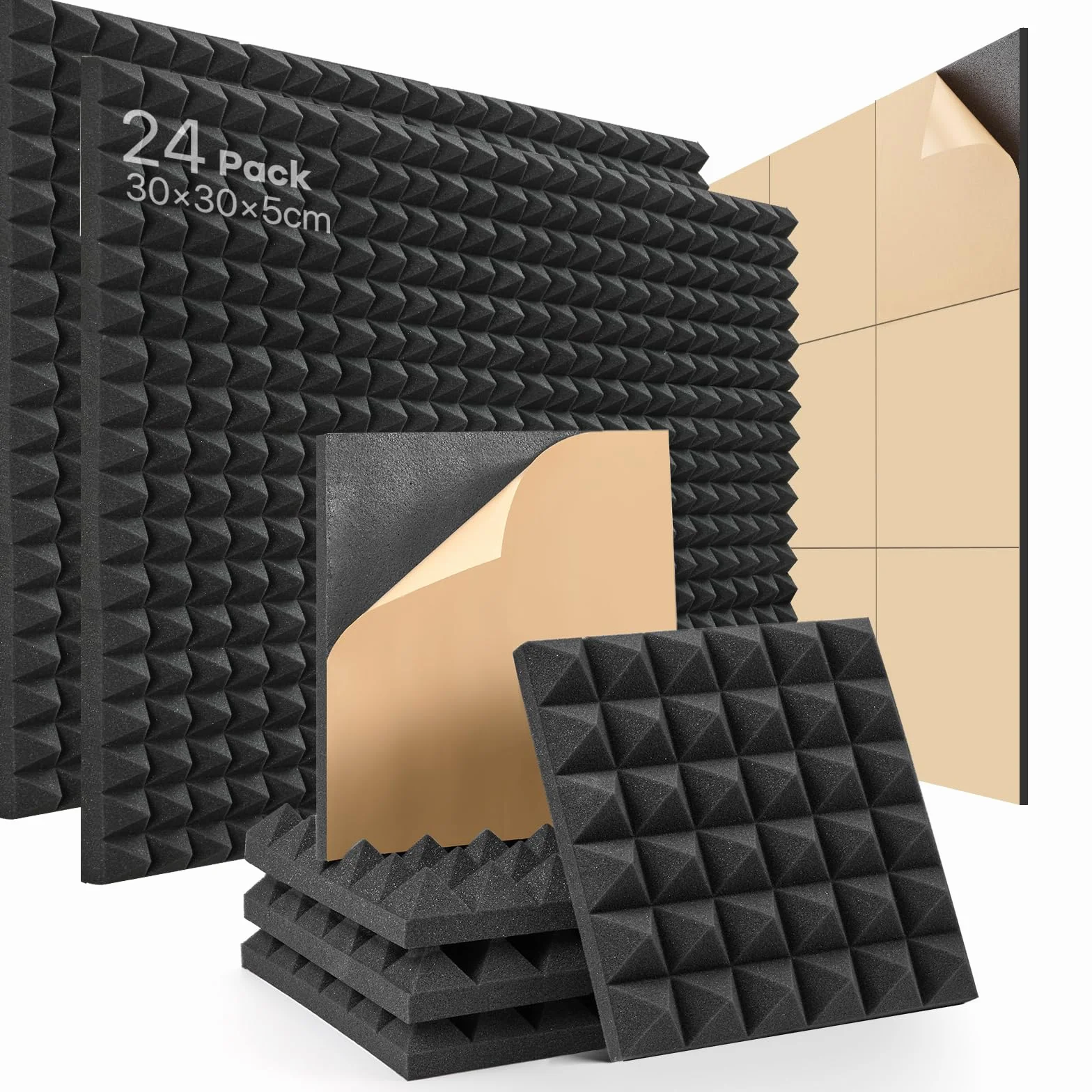 Paneles Acústicos Autoadhesivo 24 Piezas Espuma Acustica Aislamiento acústico de alta densidad Insonorizacion Acustica Pared para Estudio, Podcasting, Estudios de Grabación, Oficinas 30×30×2,5cm