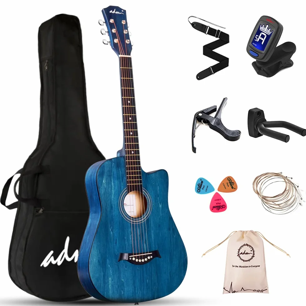 AMD Guitarra Acústica para Principiantes de 38 Pulgadas de Color Azul, kit para Niños y Adultos con Bolsa, Afinador, Colgador de Guitarra, Correa, Púas, Capo, Cuerdas Extras de Acero