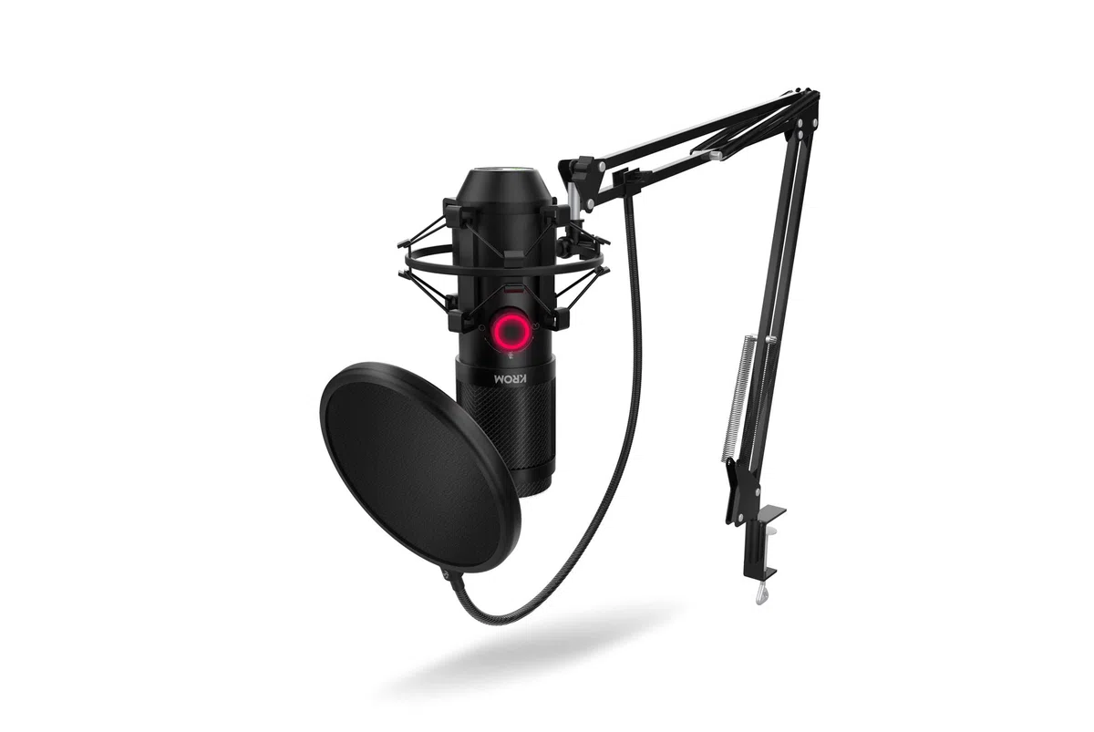 KROM KAPSULE – Micrófono de condensador USB con doble cápsula, patrón cardioide, filtro antipop y soporte antivibración para streaming, podcast y grabación – Negro