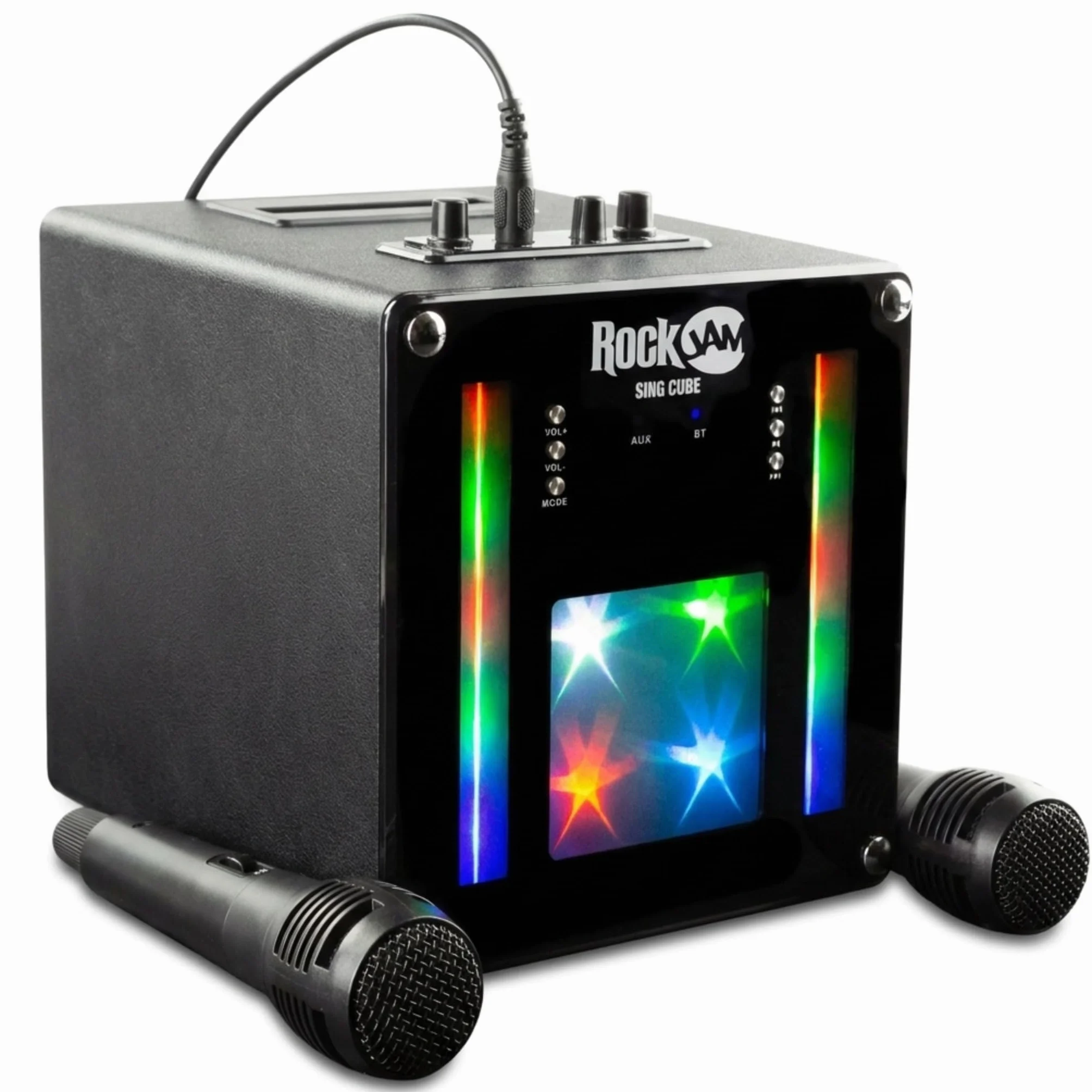 RockJam singcube - Máquina de Karaoke Bluetooth Recargable de 5 vatios con Dos micrófonos, Efectos de Cambio de Voz y Luces LED, Color Negro