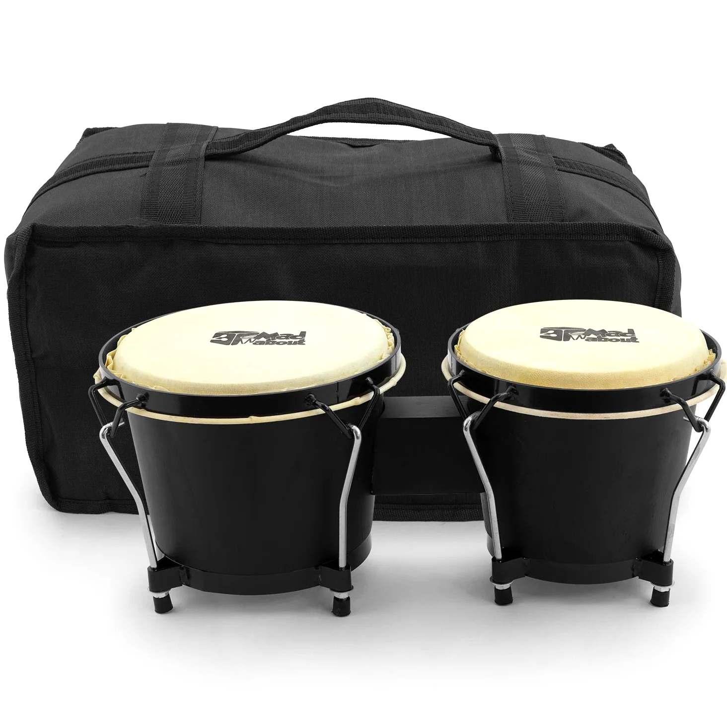 Mad About MA-BON01 Bongós de Roble con Funda de Transporte – 15 cm y 18 cm Negros