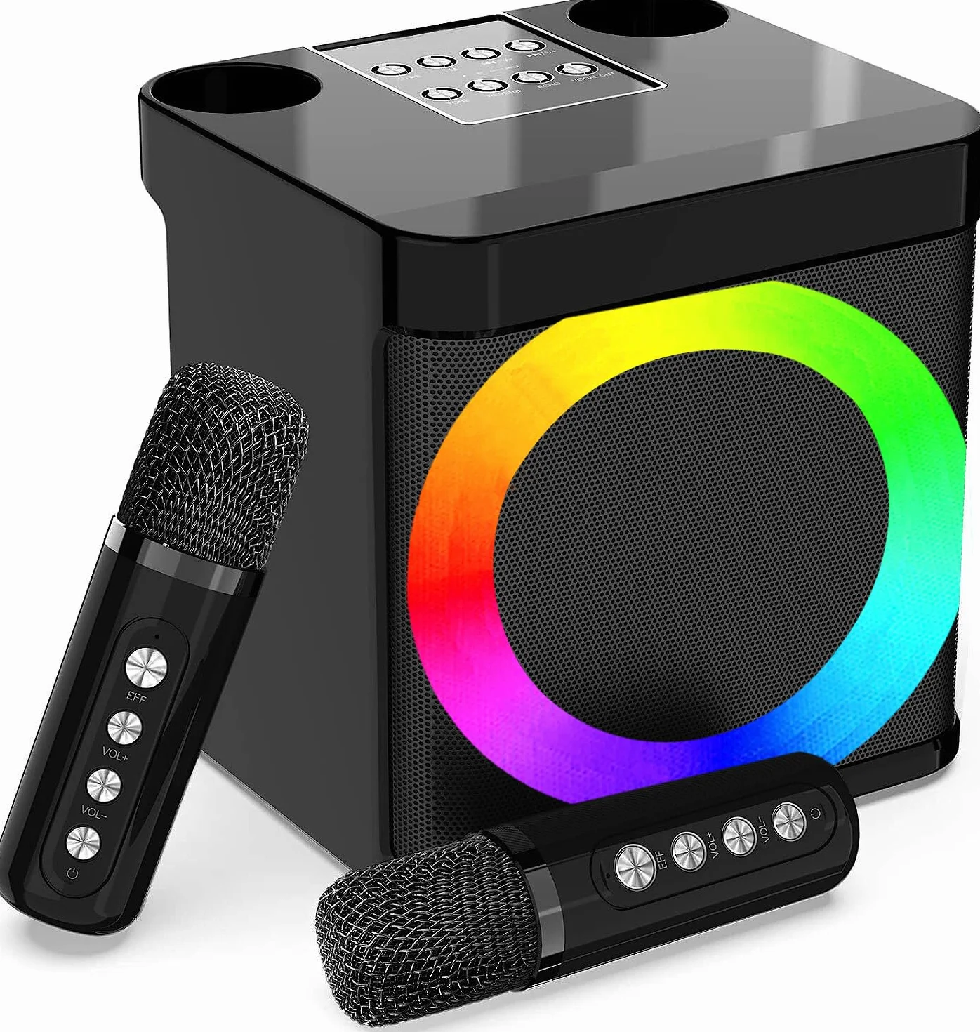 Máquina de karaoke para adultos y niños con 2 micrófonos inalámbricos UHF, altavoz Bluetooth portátil, sistema de altavoces PA con luces LED de fiesta para fiesta en casa, picnic, coche, al aire libre