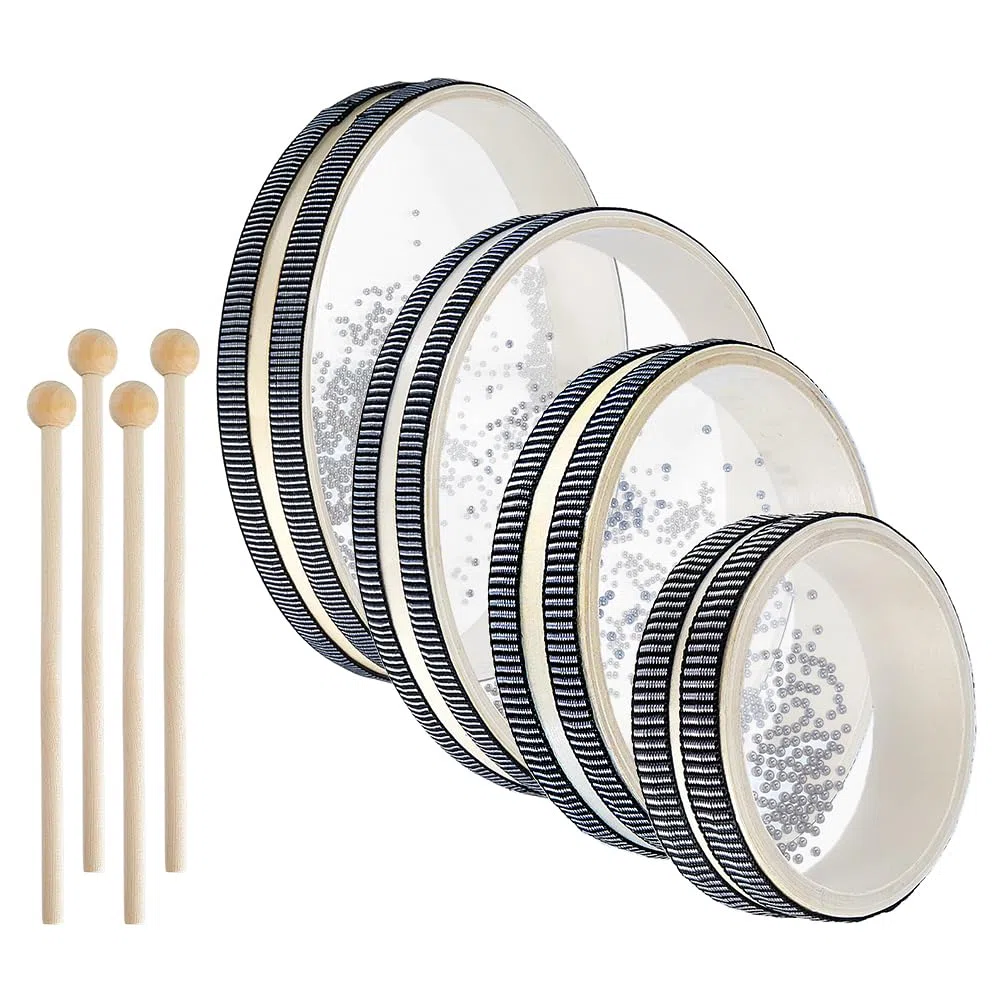 OLYCRAFT 4 tambores océano con 4 palillos de madera (10/15/20/25 cm) Tambores de bolas ondulados, instrumentos de percusión de sonido marinos con efecto de olas para decoración del hogar (negro)