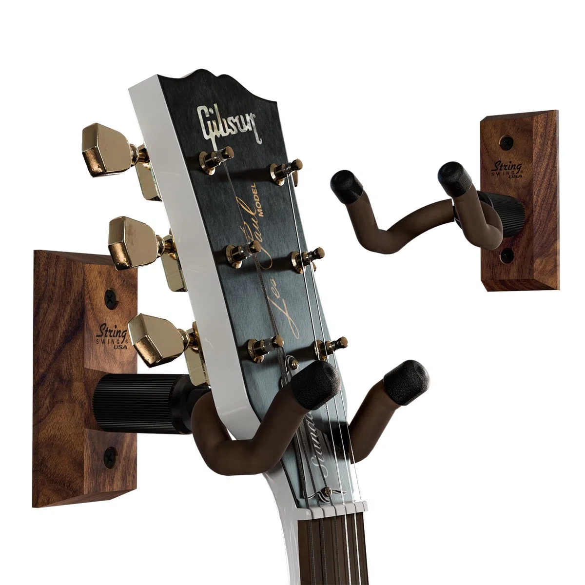 String Swing Paquete de 2 soportes con gancho de pared para guitarra, sirve para todos los tamaños de guitarras, acústicas, eléctricas, bajos, madera noble de nogal negro, fabricado en EE. UU.