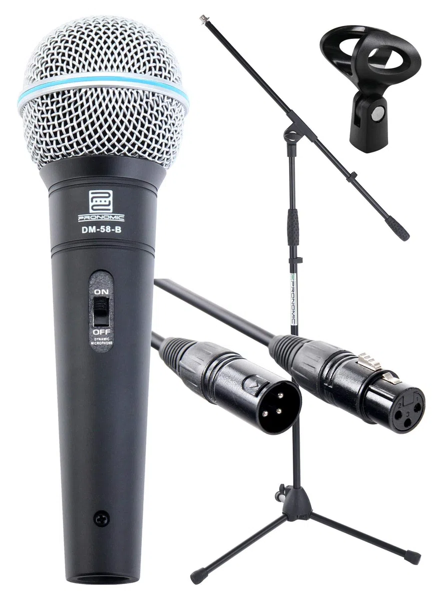Pronomic Superstar Set de Micrófono (Set Completo, micrófono dinámico para Voz, Soporte de Brazo, Cable XLR de 5m, Pinza para micrófono) Negro