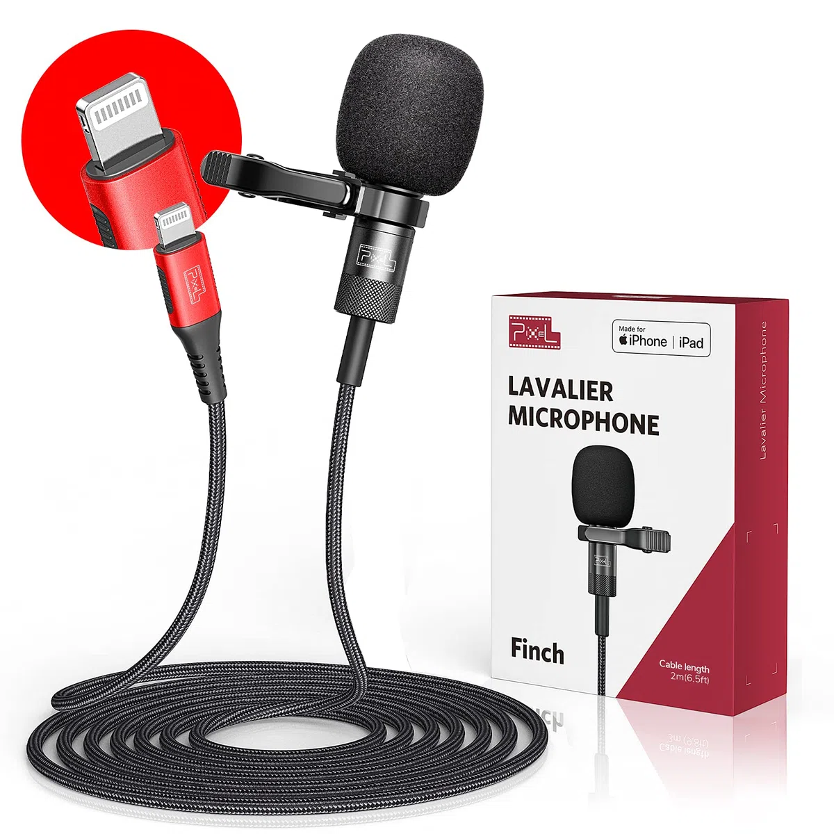 Micrófono de solapa Pixel MFi para iPhone / iPad, grabación omnidireccional y micrófono de solapa de sonido de alta fidelidad con cable de 2M, para YouTube grabación de video y vlog