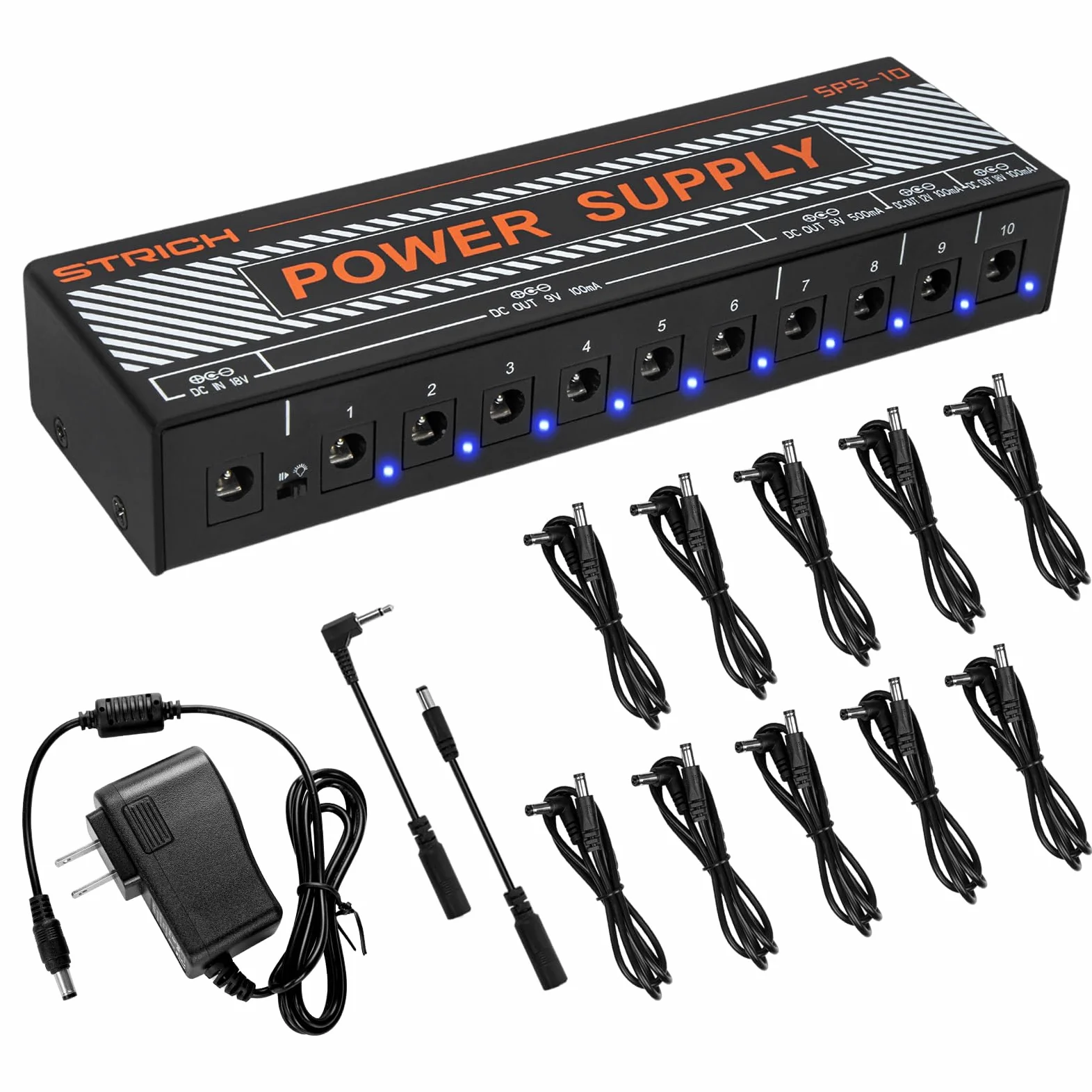 Fuente de alimentación para pedal de guitarra, STRICH 10 salida aislada para pedal de efecto de 9 V/12 V/18 V, fuente de alimentación de pedalera de 100 mA 500 mA con protección contra cortocircuitos