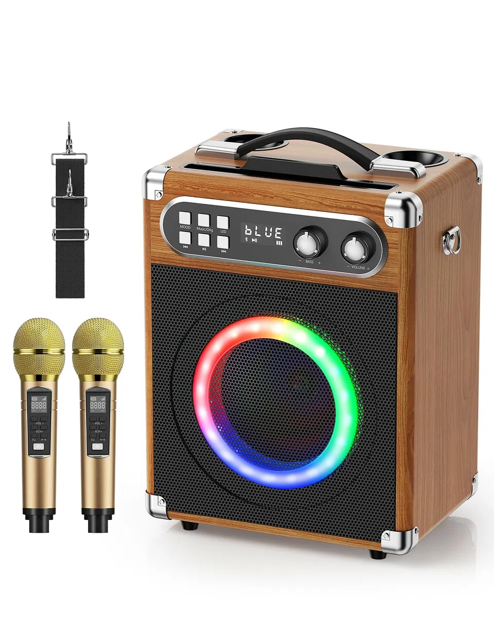Todo-en-Uno Karaoke Con 2 Micrófonos y Altavoz Bluetooth de 20W, Portátil Con Ranura Para Micrófono Recargable, Para Fiestas