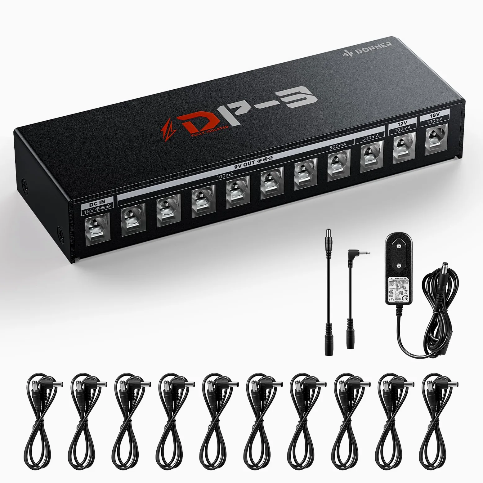 Donner DP-3 Fuente de alimentación para pedales de efectos de guitarra con 10 salidas DC aisladas para pedales 9V/12V/18V (100mA/300mA/500mA)