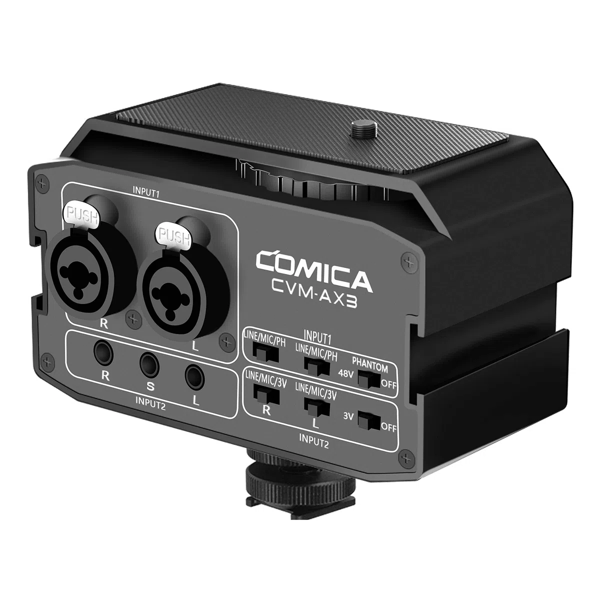 Comica CVM-AX3 Adaptador de mezclador de audio Preamplificador dual XLR / 3.5mm / 6.35mm Puerto de mezclador de cámara para Canon Nikon Sony Panasonic Cámara DSLR