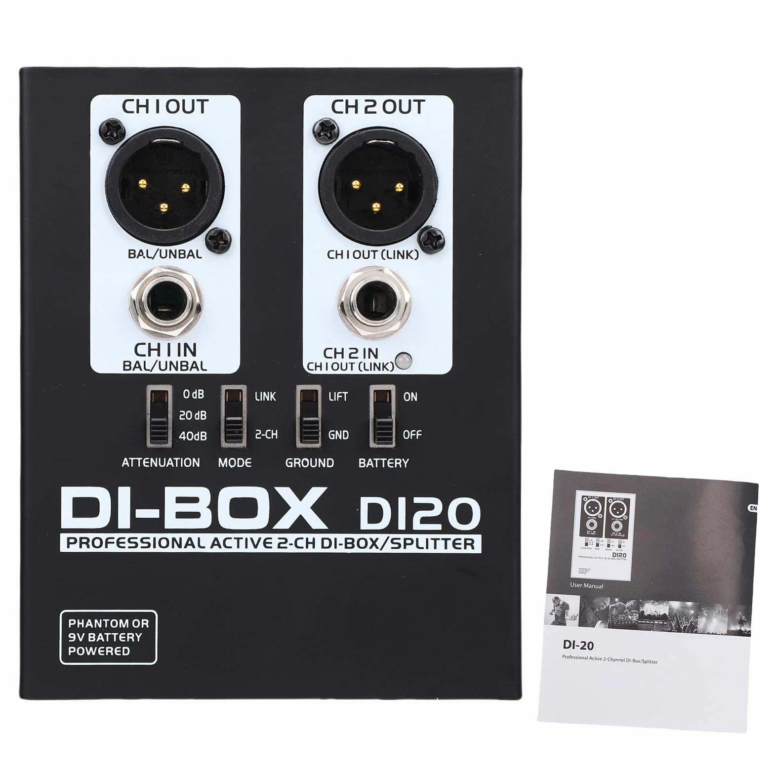 Caja DI Activa de 2 Canales, Caja de Audio Profesional de Inyección Directa Adaptador TRS a XLR con Aislador de Señal con Caja Metálica Soporta hasta 3000W para Equipos