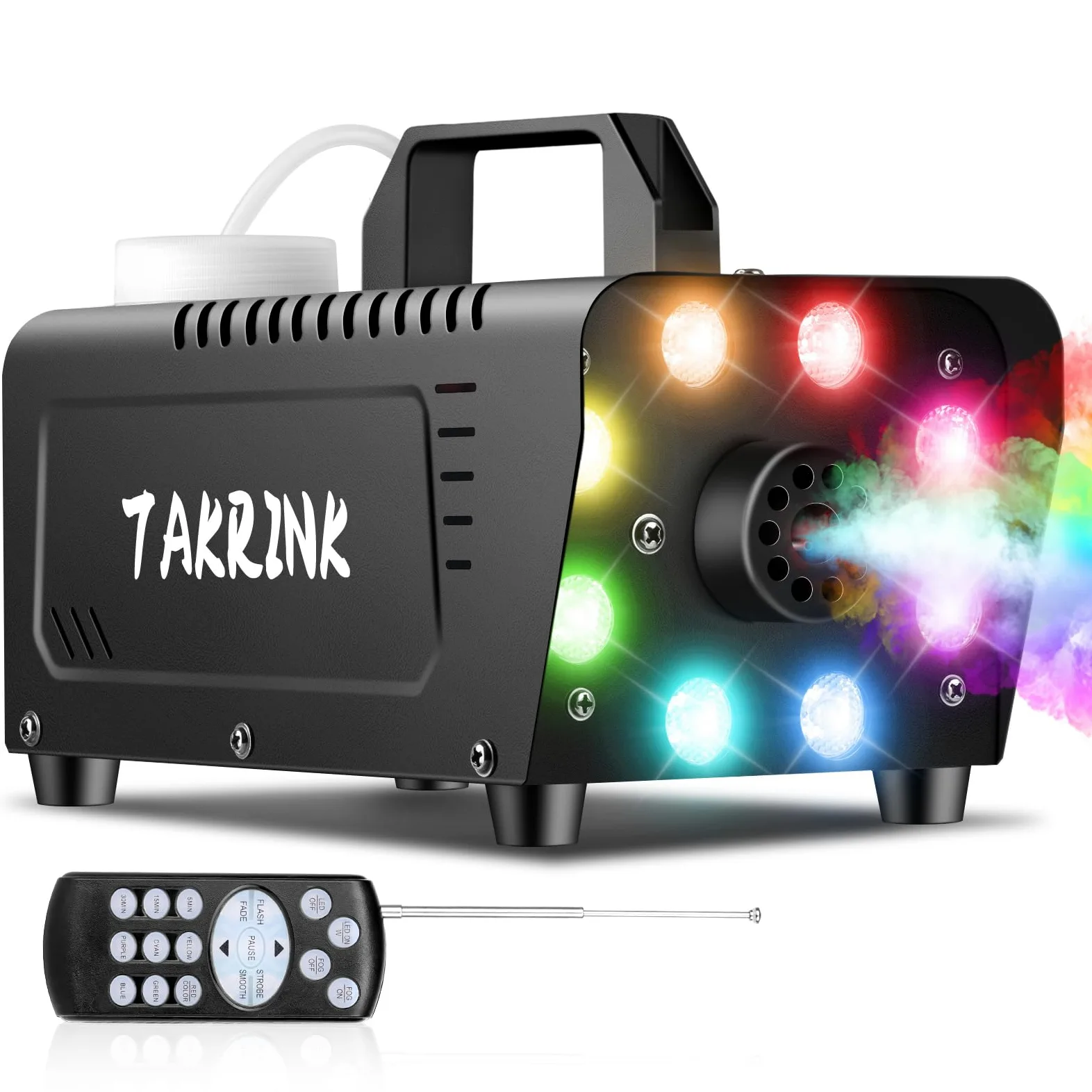 TAKRINK 900W Máquina de Humo Automática con 8 LED 16 Colores RGB Máquina de Niebla con Remoto Inalámbrico Fog Machine Portátil para Fiesta Escenario Discoteca DJ Club Boda
