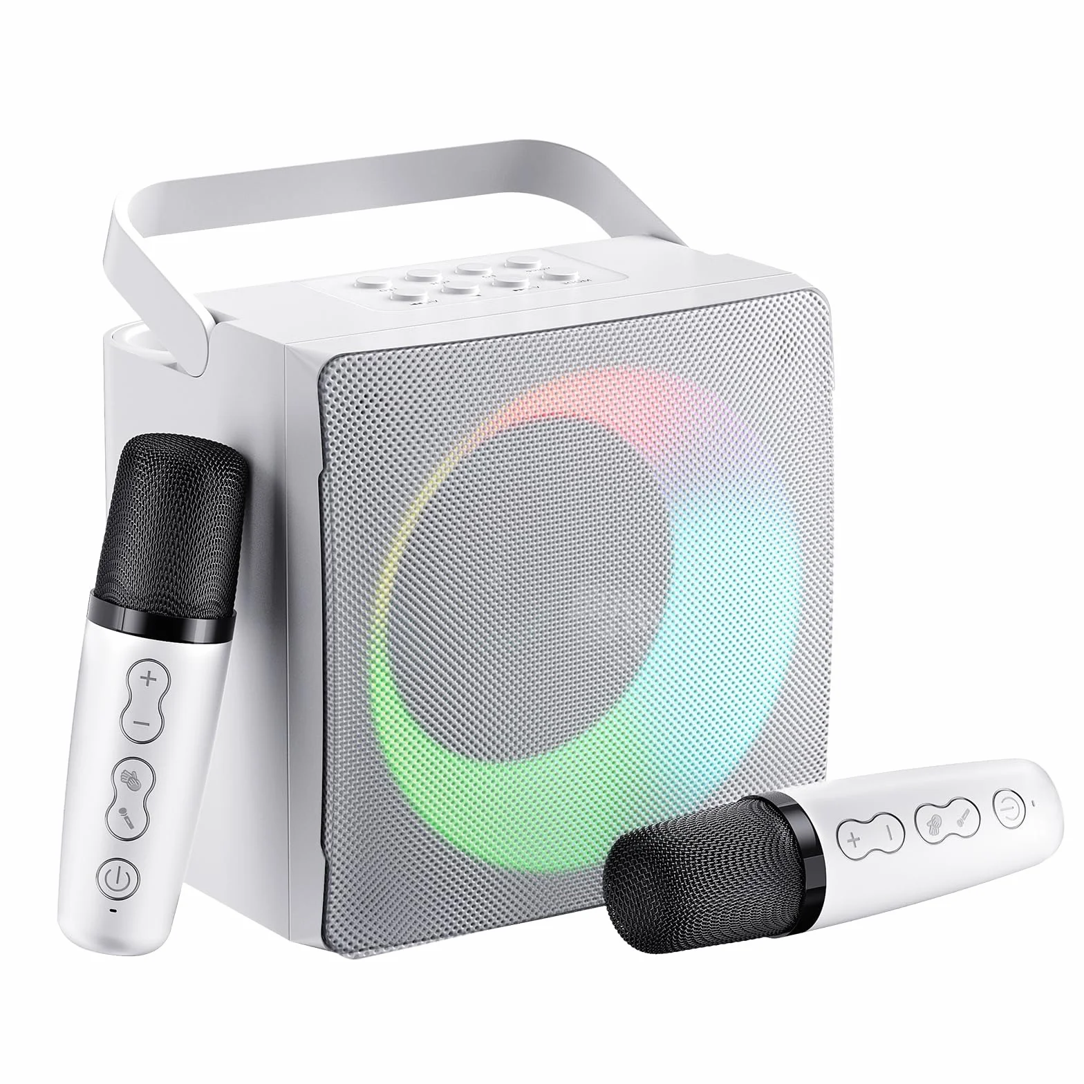 Karaoke Bluetooth con 2 Micrófonos Inalámbricos, Karaoke Profesional Completa con Luz LED, Altavoz de Karaoke con USB/Tarjeta TF/AUX, Sistema de Sonido Regalos para Fiestas y Canto (White)