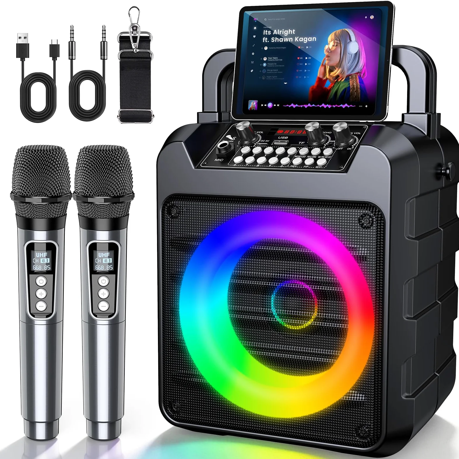 Dislocati Karaoke 2 Microfonos Inalambricos, Karaoke Profesional Altavoz Bluetooth Portátil para Adultos Infantil, Luces LED, TWS, AUX/USB, Bluetooth 5.3, 10 Horas, Regalo Party, Cumpleaños, Viajar
